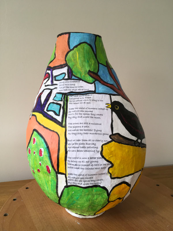 'The Blackbird's Song" Vessel in papier mache with acrylic